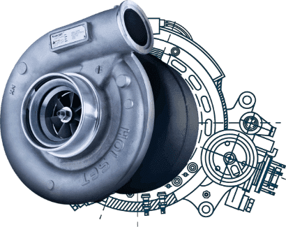 Imagem de um turbo Holset genuíno. No fundo, há uma ilustração, que representa o esboço do produto.